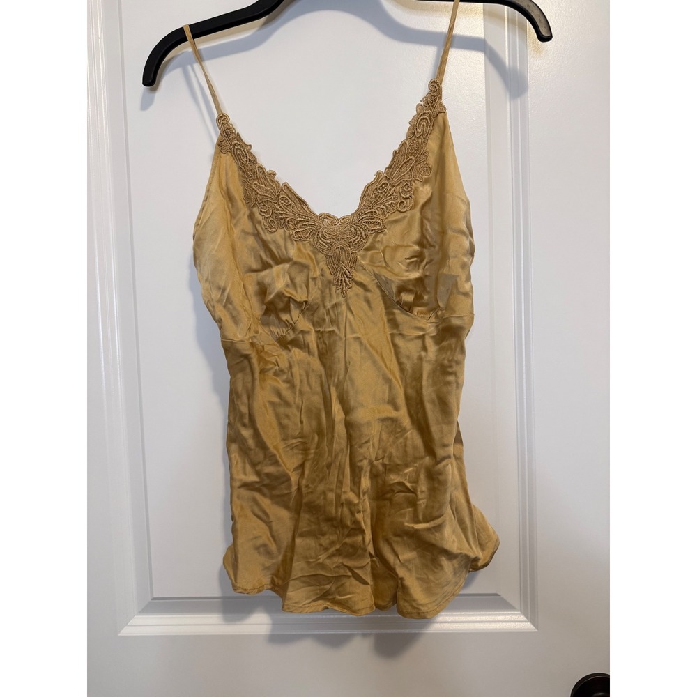 Worthington Cami Women Large‎ Gold EUC 100% Silk Lace Trim Babydoll Y2K Tank Top